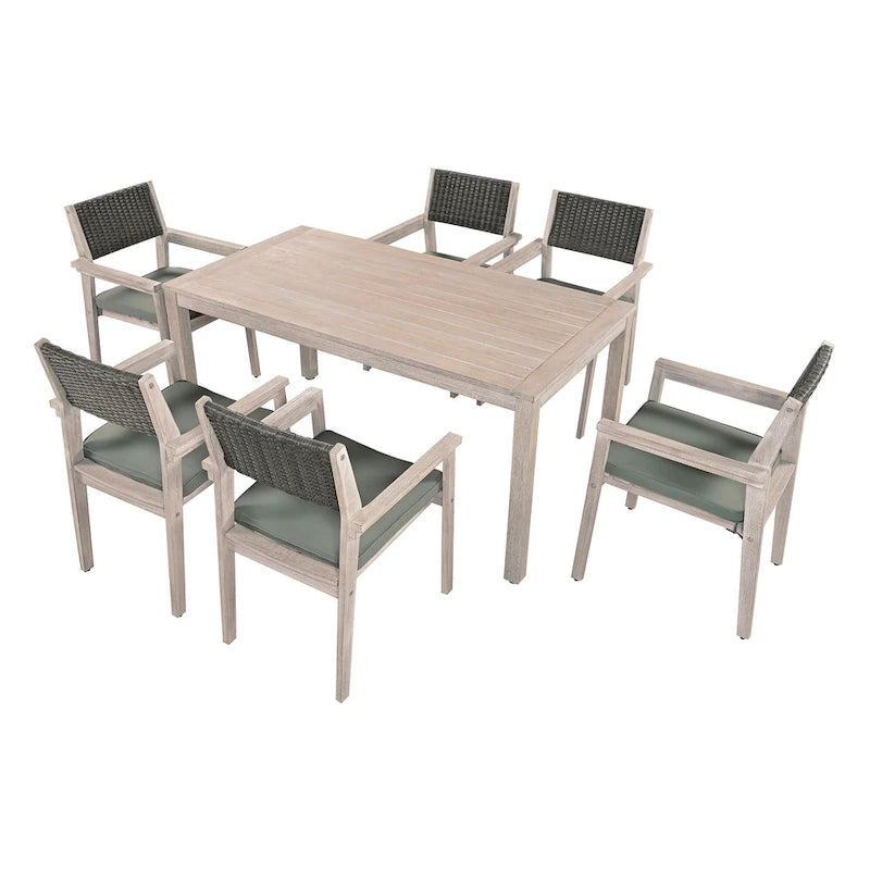 Ensemble de salle à manger d'extérieur 7 pièces, table à manger d'extérieur avec cadre en bois d'acacia, chaises de salle à manger de patio avec dossier en rotin