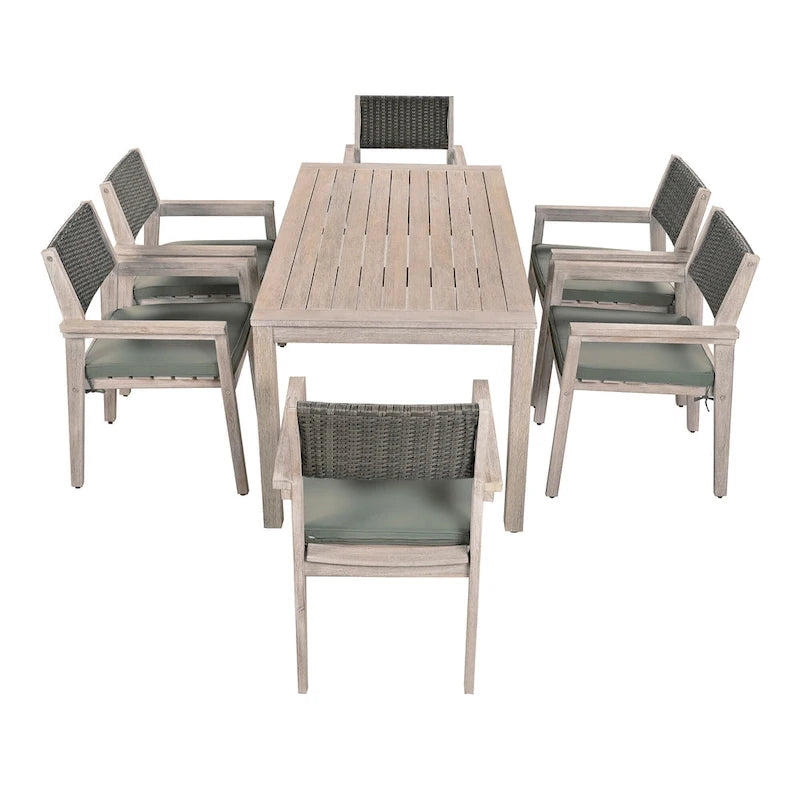 Ensemble de salle à manger d'extérieur 7 pièces, table à manger d'extérieur avec cadre en bois d'acacia, chaises de salle à manger de patio avec dossier en rotin