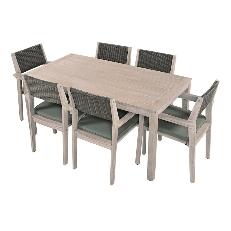 Ensemble de salle à manger d'extérieur 7 pièces, table à manger d'extérieur avec cadre en bois d'acacia, chaises de salle à manger de patio avec dossier en rotin