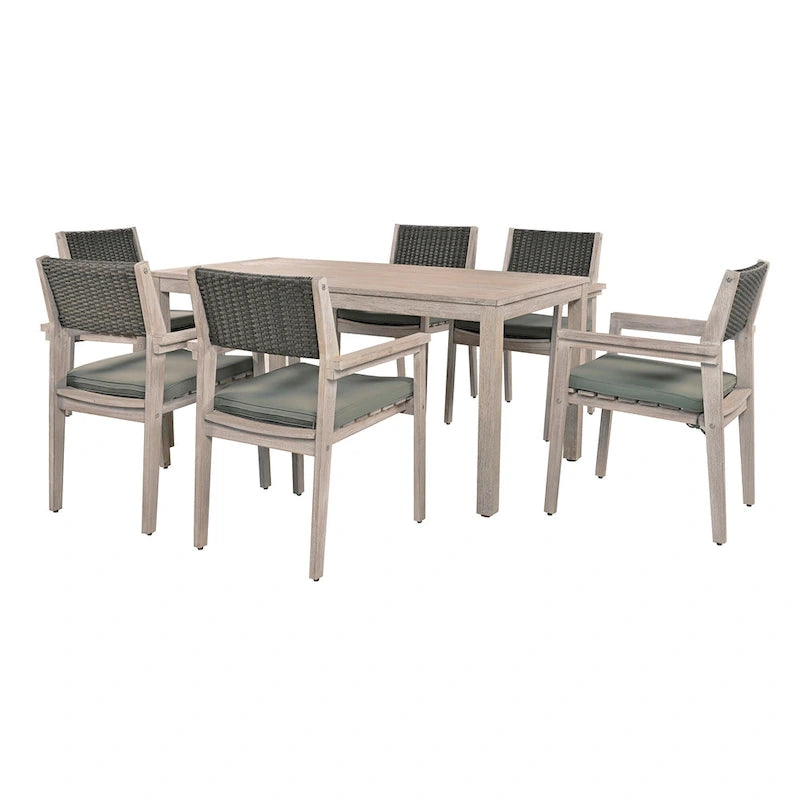 Ensemble de salle à manger d'extérieur 7 pièces, table à manger d'extérieur avec cadre en bois d'acacia, chaises de salle à manger de patio avec dossier en rotin