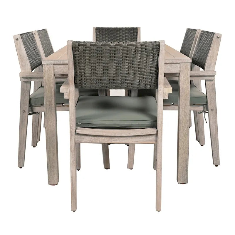 Ensemble de salle à manger d'extérieur 7 pièces, table à manger d'extérieur avec cadre en bois d'acacia, chaises de salle à manger de patio avec dossier en rotin