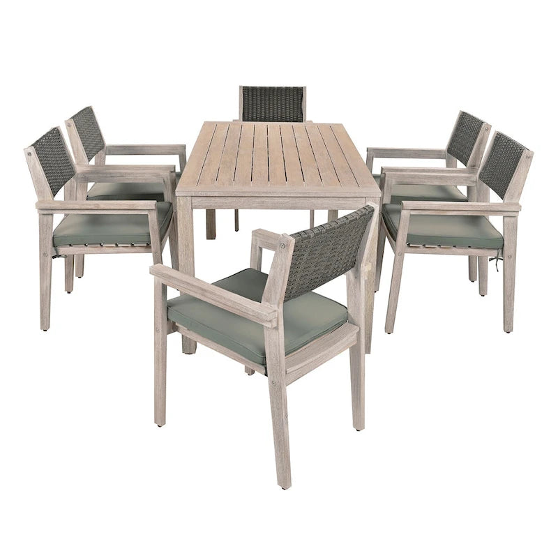 Ensemble de salle à manger d'extérieur 7 pièces, table à manger d'extérieur avec cadre en bois d'acacia, chaises de salle à manger de patio avec dossier en rotin