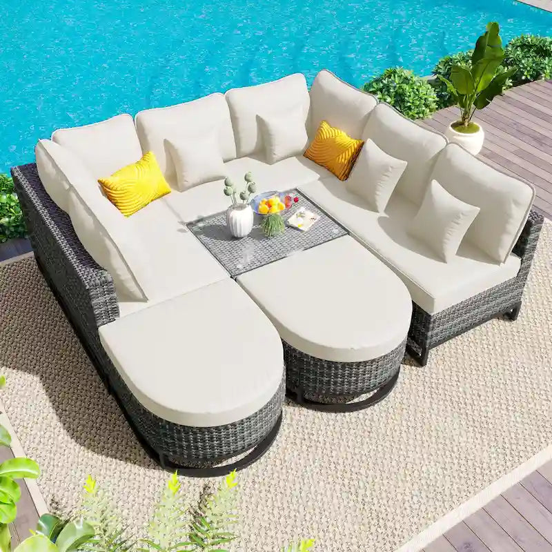 Ensemble de canapé en osier d'extérieur 7 pièces, ensemble sectionnel en rotin à combinaison libre, ensembles de meubles de patio avec table basse
