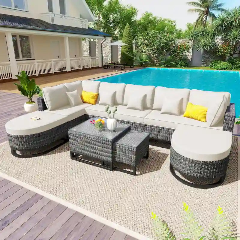 Ensemble de canapé en osier d'extérieur 7 pièces, ensemble sectionnel en rotin à combinaison libre, ensembles de meubles de patio avec table basse
