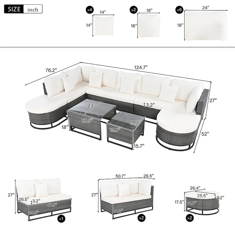 Ensemble de canapé en osier d'extérieur 7 pièces, ensemble sectionnel en rotin à combinaison libre, ensembles de meubles de patio avec table basse