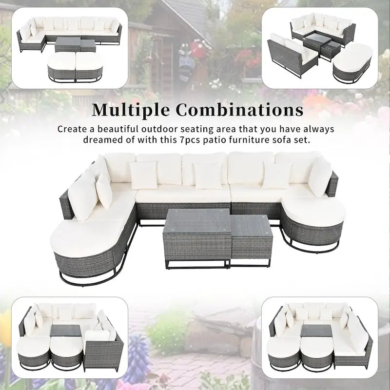 Ensemble de canapé en osier d'extérieur 7 pièces, ensemble sectionnel en rotin à combinaison libre, ensembles de meubles de patio avec table basse