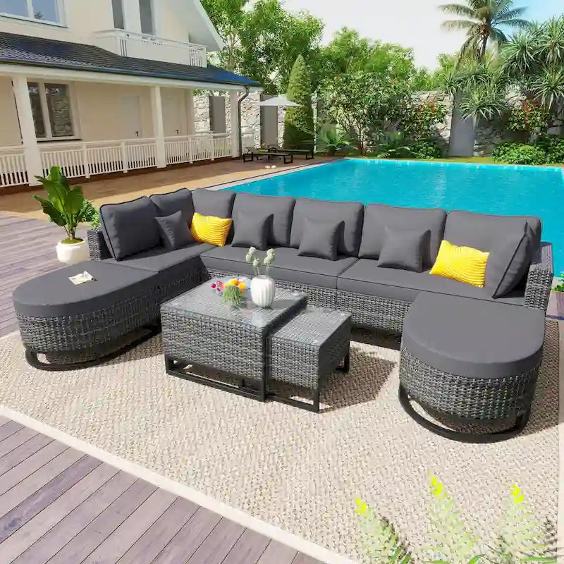 Ensemble de canapé en osier d'extérieur 7 pièces, ensemble sectionnel en rotin à combinaison libre, ensembles de meubles de patio avec table basse