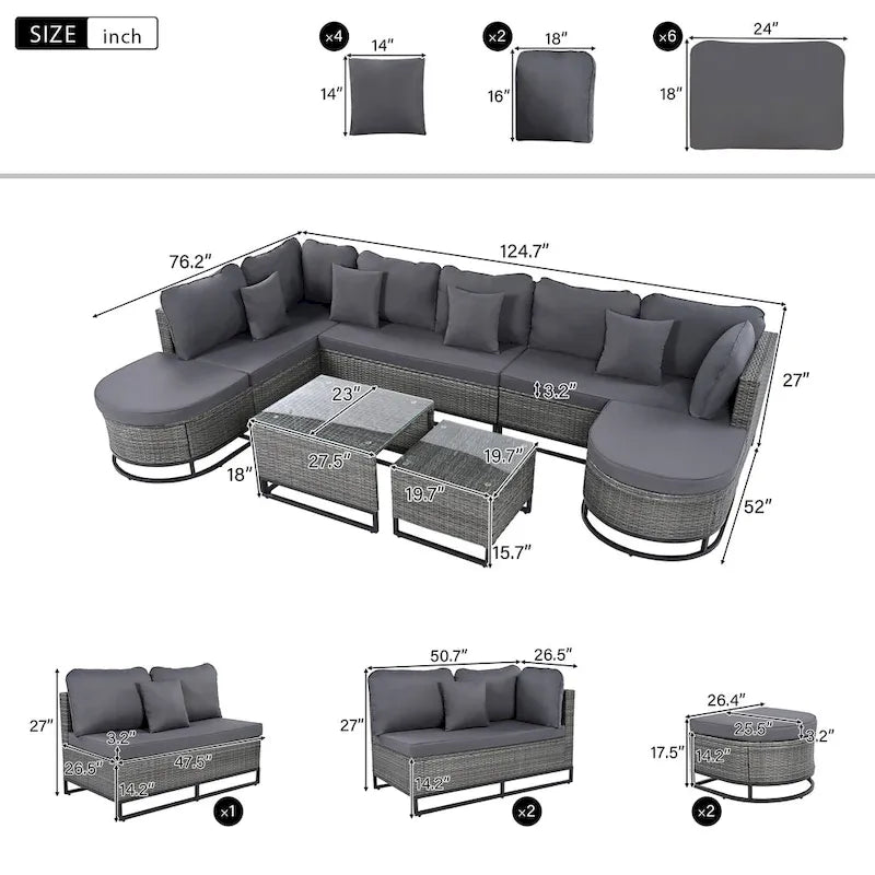 Ensemble de canapé en osier d'extérieur 7 pièces, ensemble sectionnel en rotin à combinaison libre, ensembles de meubles de patio avec table basse