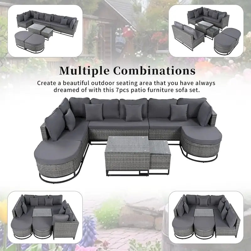 Ensemble de canapé en osier d'extérieur 7 pièces, ensemble sectionnel en rotin à combinaison libre, ensembles de meubles de patio avec table basse