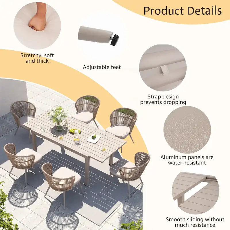 Chaises et table extensible pour salle à manger d'extérieur