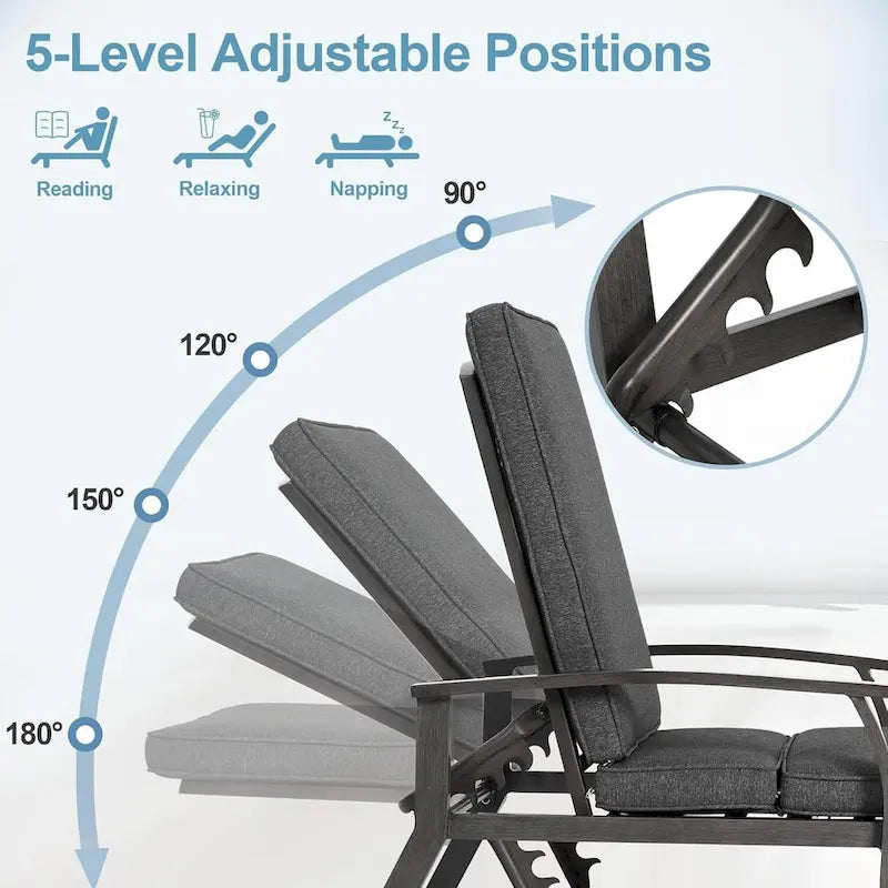 Chaises longues inclinables d'extérieur en aluminium de 3 pièces (ensemble de 2) avec table et coussins