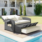 Chaise longue double en rotin PE, lit de jour inclinable pour 2 personnes avec dossier réglable et coussins, transat de jardin