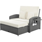 Chaise longue double en rotin PE, lit de jour inclinable pour 2 personnes avec dossier réglable et coussins, transat de jardin