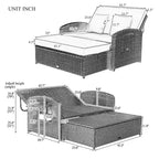 Chaise longue double en rotin PE, lit de jour inclinable pour 2 personnes avec dossier réglable et coussins, transat de jardin