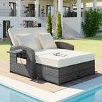 Chaise longue double en rotin PE, lit de jour inclinable pour 2 personnes avec dossier réglable et coussins, transat de jardin
