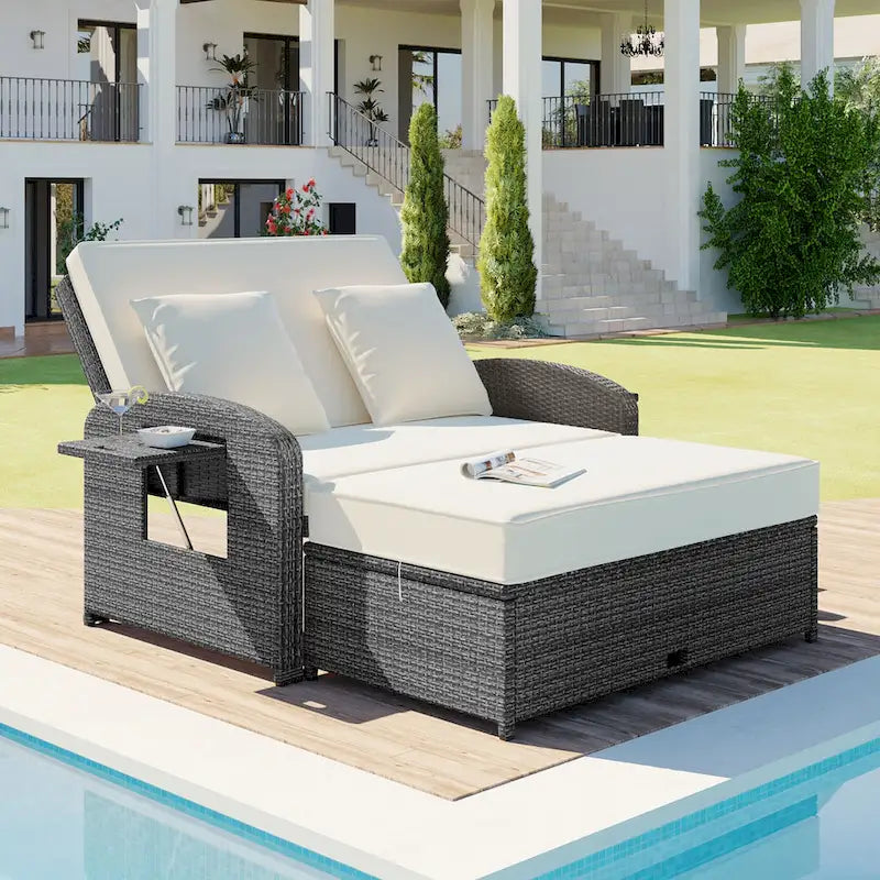 Chaise longue double en rotin PE, lit de jour inclinable pour 2 personnes avec dossier réglable et coussins, transat de jardin