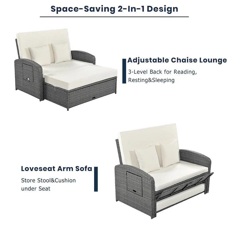 Chaise longue double en rotin PE, lit de jour inclinable pour 2 personnes avec dossier réglable et coussins, transat de jardin
