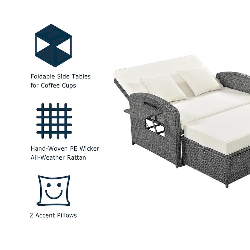 Chaise longue double en rotin PE, lit de jour inclinable pour 2 personnes avec dossier réglable et coussins, transat de jardin