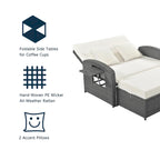 Chaise longue double en rotin PE, lit de jour inclinable pour 2 personnes avec dossier réglable et coussins, transat de jardin