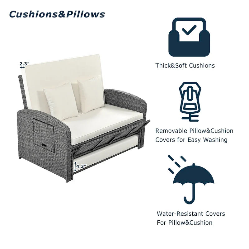 Chaise longue double en rotin PE, lit de jour inclinable pour 2 personnes avec dossier réglable et coussins, transat de jardin