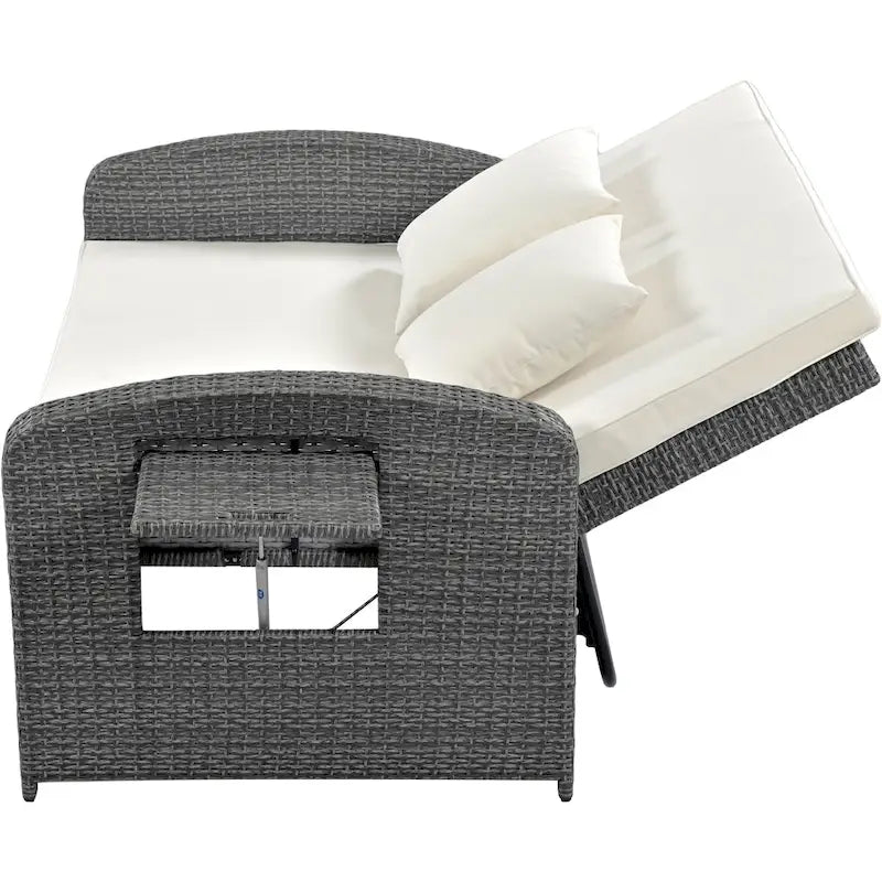 Chaise longue double en rotin PE, lit de jour inclinable pour 2 personnes avec dossier réglable et coussins, transat de jardin