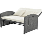 Chaise longue double en rotin PE, lit de jour inclinable pour 2 personnes avec dossier réglable et coussins, transat de jardin