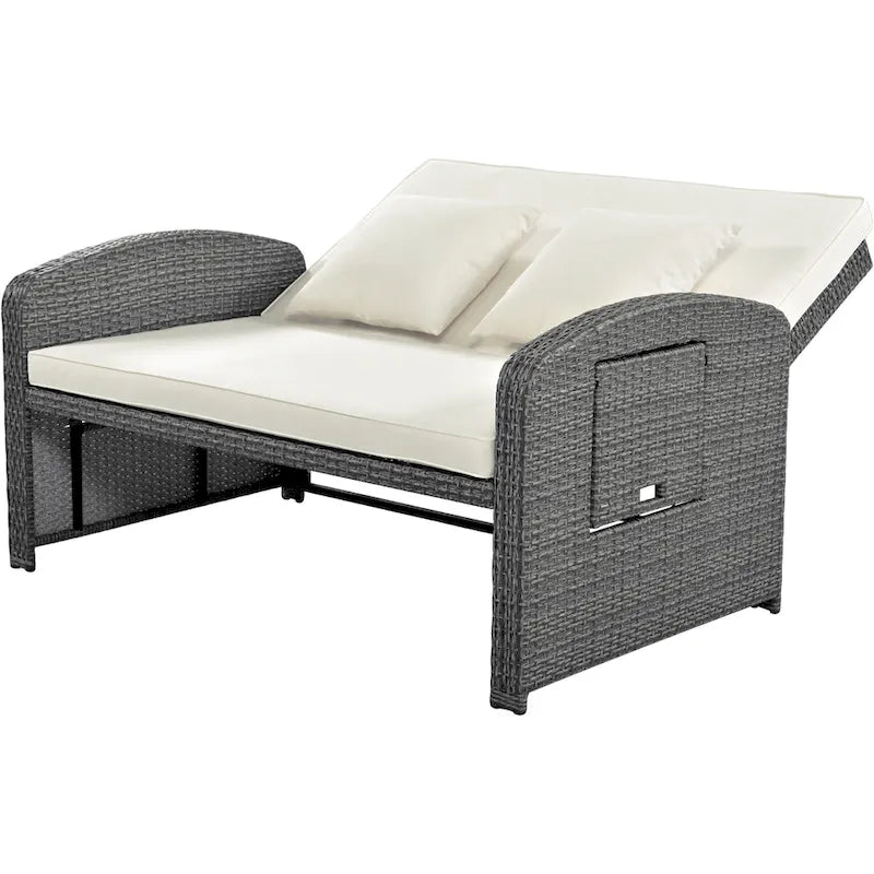 Chaise longue double en rotin PE, lit de jour inclinable pour 2 personnes avec dossier réglable et coussins, transat de jardin