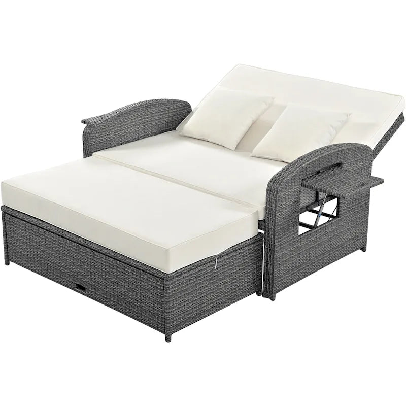 Chaise longue double en rotin PE, lit de jour inclinable pour 2 personnes avec dossier réglable et coussins, transat de jardin