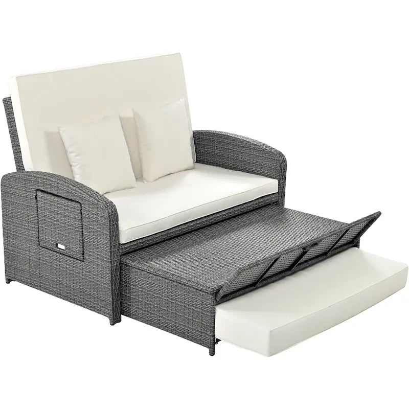 Chaise longue double en rotin PE, lit de jour inclinable pour 2 personnes avec dossier réglable et coussins, transat de jardin