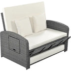 Chaise longue double en rotin PE, lit de jour inclinable pour 2 personnes avec dossier réglable et coussins, transat de jardin