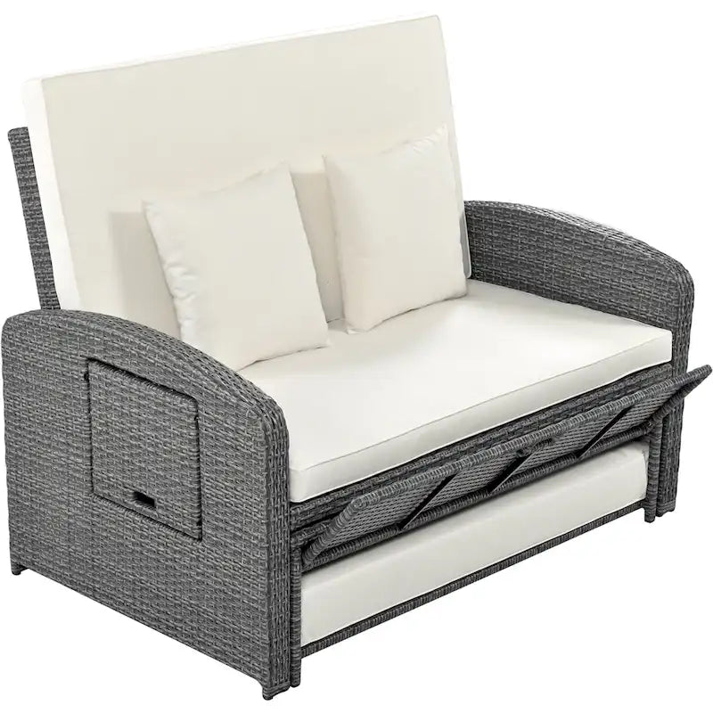 Chaise longue double en rotin PE, lit de jour inclinable pour 2 personnes avec dossier réglable et coussins, transat de jardin
