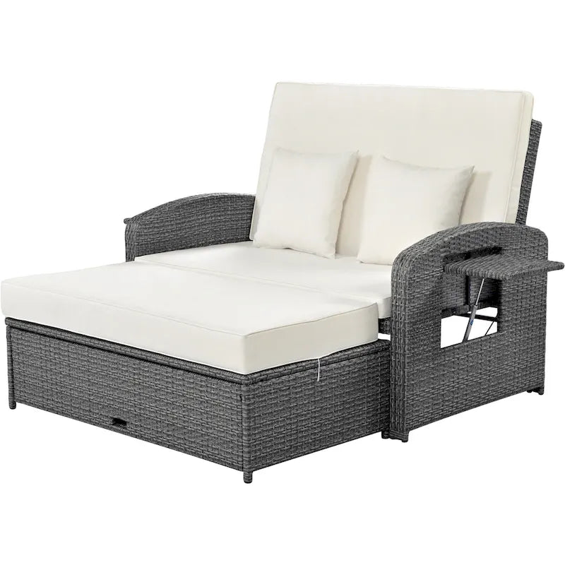 Chaise longue double en rotin PE, lit de jour inclinable pour 2 personnes avec dossier réglable et coussins, transat de jardin