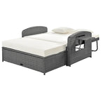 Chaise longue double en rotin PE, lit de jour inclinable pour 2 personnes avec dossier réglable et coussins, transat de jardin