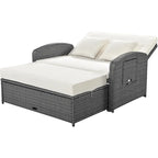 Chaise longue double en rotin PE, lit de jour inclinable pour 2 personnes avec dossier réglable et coussins, transat de jardin