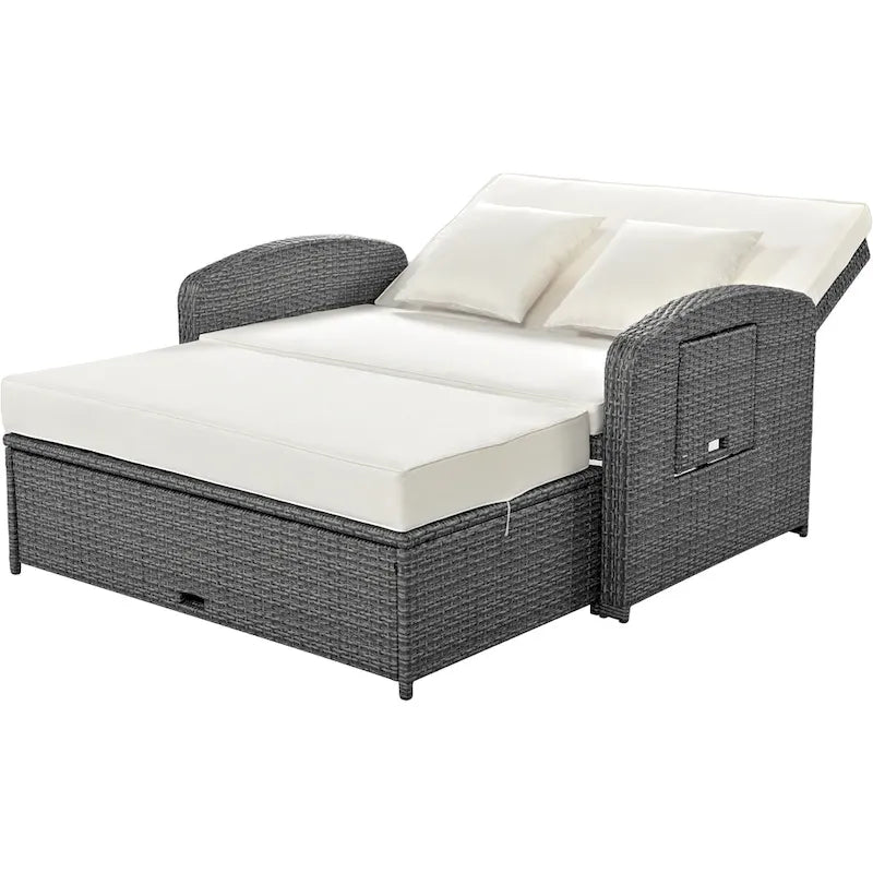 Chaise longue double en rotin PE, lit de jour inclinable pour 2 personnes avec dossier réglable et coussins, transat de jardin