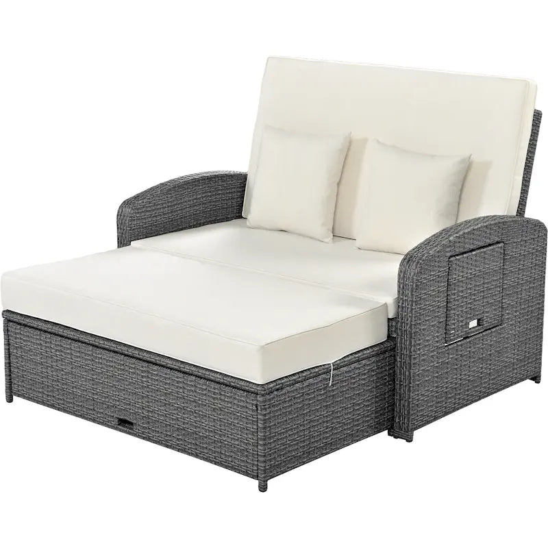 Chaise longue double en rotin PE, lit de jour inclinable pour 2 personnes avec dossier réglable et coussins, transat de jardin