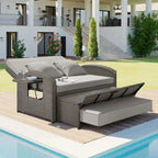 Chaise longue double en rotin PE, lit de jour inclinable pour 2 personnes avec dossier réglable et coussins, transat de jardin