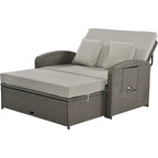 Chaise longue double en rotin PE, lit de jour inclinable pour 2 personnes avec dossier réglable et coussins, transat de jardin