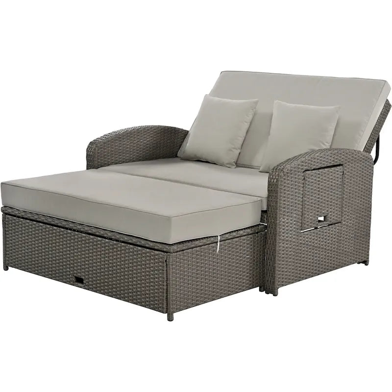 Chaise longue double en rotin PE, lit de jour inclinable pour 2 personnes avec dossier réglable et coussins, transat de jardin