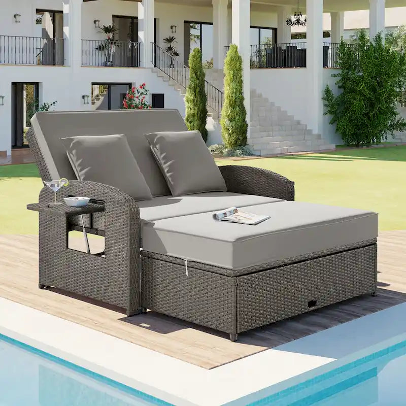 Chaise longue double en rotin PE, lit de jour inclinable pour 2 personnes avec dossier réglable et coussins, transat de jardin