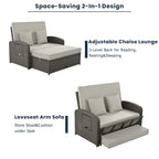 Chaise longue double en rotin PE, lit de jour inclinable pour 2 personnes avec dossier réglable et coussins, transat de jardin
