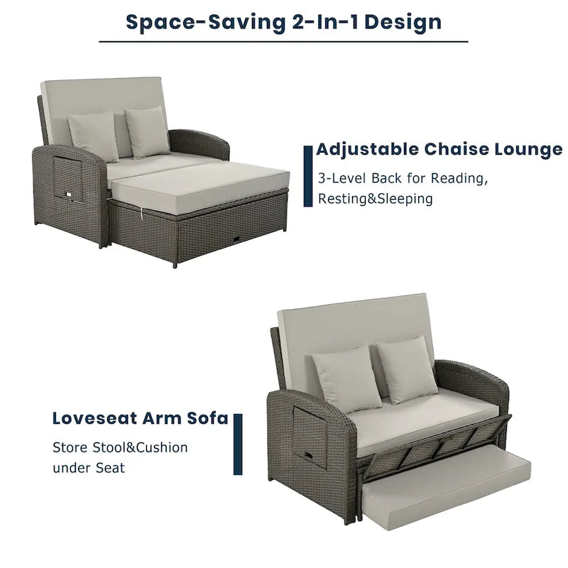 Chaise longue double en rotin PE, lit de jour inclinable pour 2 personnes avec dossier réglable et coussins, transat de jardin