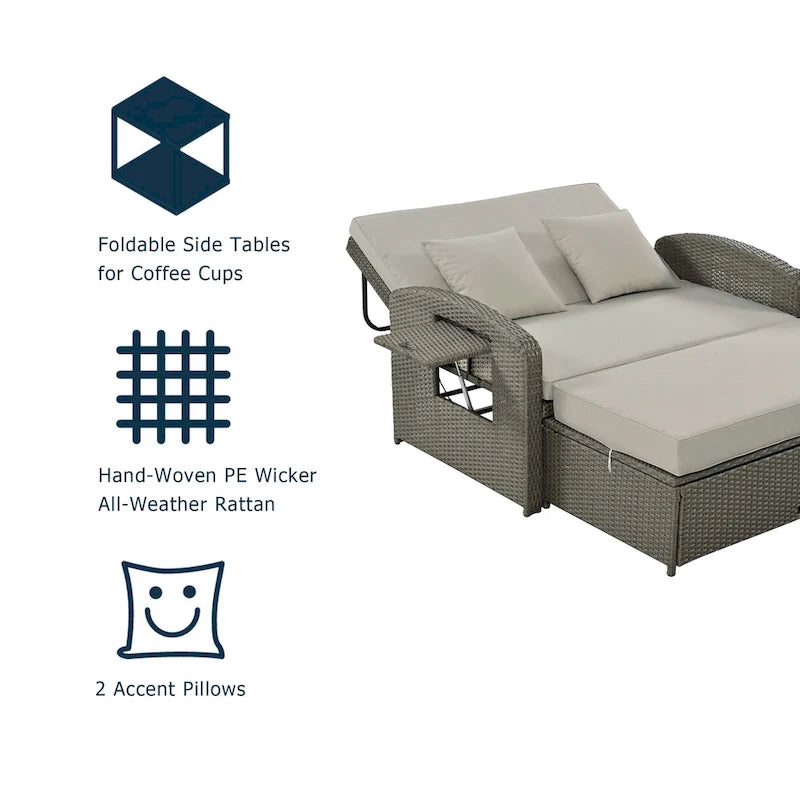 Chaise longue double en rotin PE, lit de jour inclinable pour 2 personnes avec dossier réglable et coussins, transat de jardin