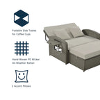 Chaise longue double en rotin PE, lit de jour inclinable pour 2 personnes avec dossier réglable et coussins, transat de jardin