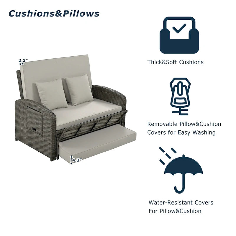 Chaise longue double en rotin PE, lit de jour inclinable pour 2 personnes avec dossier réglable et coussins, transat de jardin