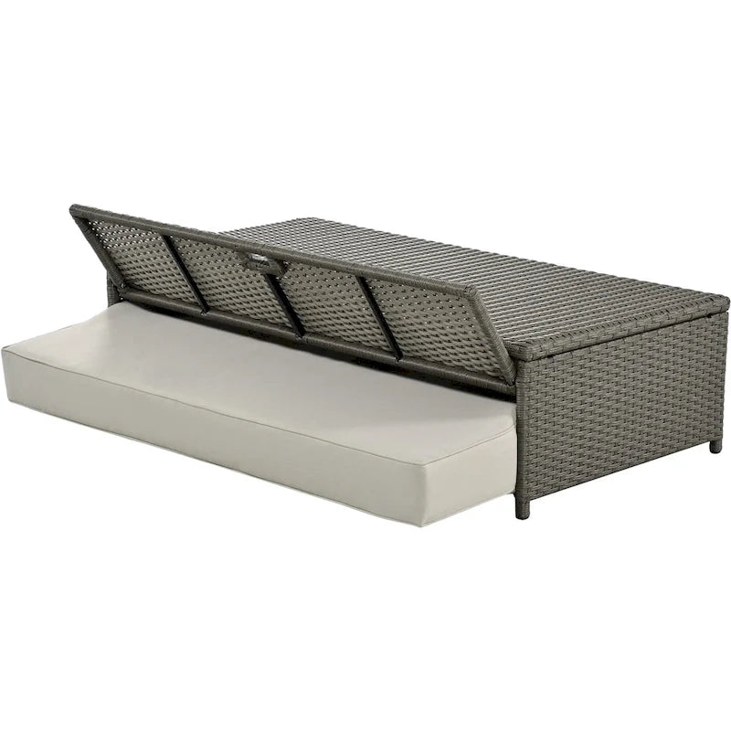 Chaise longue double en rotin PE, lit de jour inclinable pour 2 personnes avec dossier réglable et coussins, transat de jardin