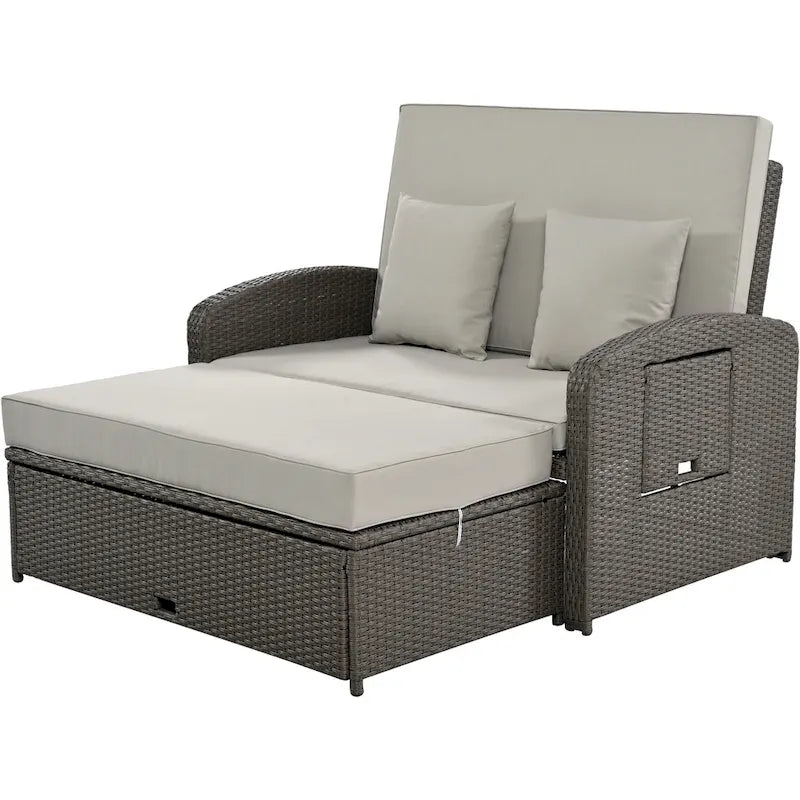 Chaise longue double en rotin PE, lit de jour inclinable pour 2 personnes avec dossier réglable et coussins, transat de jardin