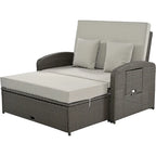Chaise longue double en rotin PE, lit de jour inclinable pour 2 personnes avec dossier réglable et coussins, transat de jardin