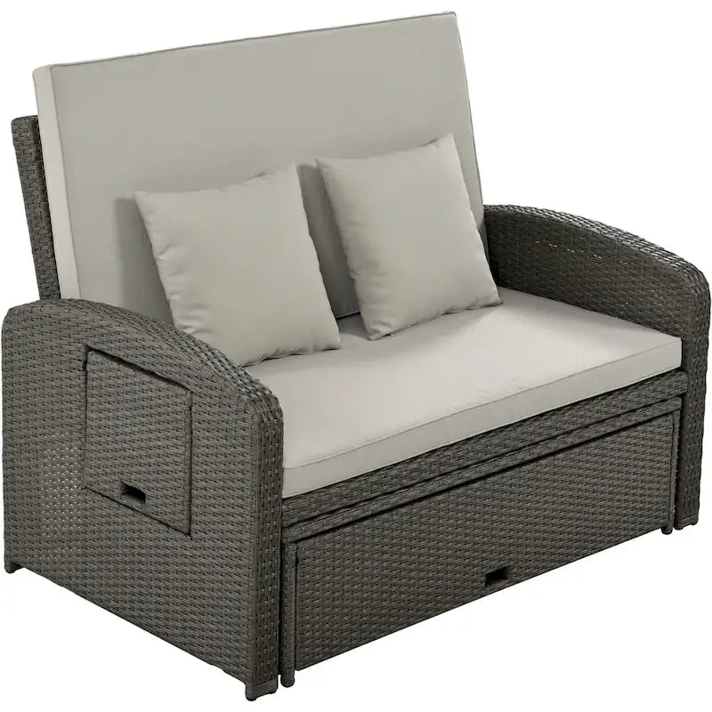 Chaise longue double en rotin PE, lit de jour inclinable pour 2 personnes avec dossier réglable et coussins, transat de jardin