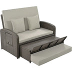 Chaise longue double en rotin PE, lit de jour inclinable pour 2 personnes avec dossier réglable et coussins, transat de jardin